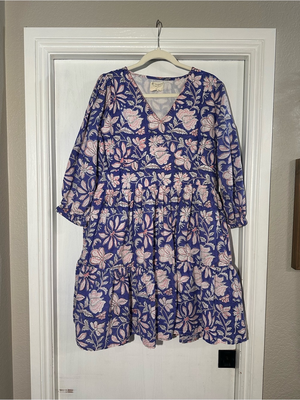 Floral V-Neck Tiered Mini Dress in Navy with Pink Accents